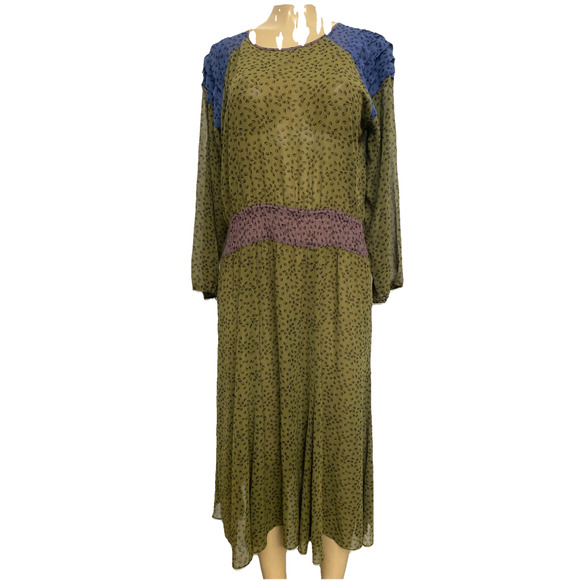 Diane Freis Midi Dress Green Floral Print 3/4Sleeve Round Neck Elastic Waist M L - Picture 1 of 7